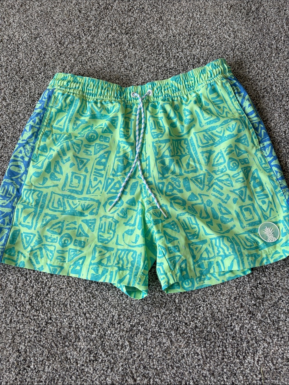 chubbies Lime Green Swim Trunks with Teal Pattern and Blue Side Panels Large